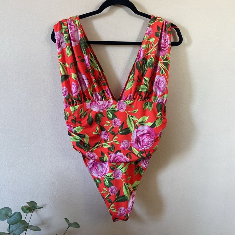 New Zara Orange Pink Roses Tropical Floral V- Neck Open back Bodysuit suit Small - Picture 5 of 7